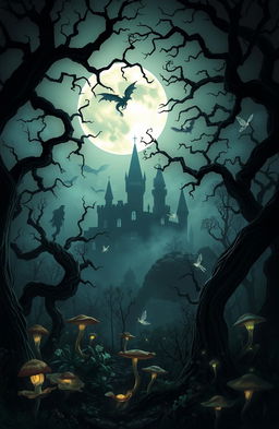 A dark fantasy scene depicting a mystical forest at night, illuminated by an eerie full moon