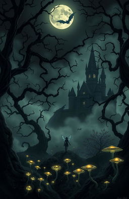 A dark fantasy scene depicting a mystical forest at night, illuminated by an eerie full moon