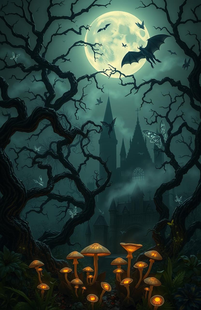 A dark fantasy scene depicting a mystical forest at night, illuminated by an eerie full moon