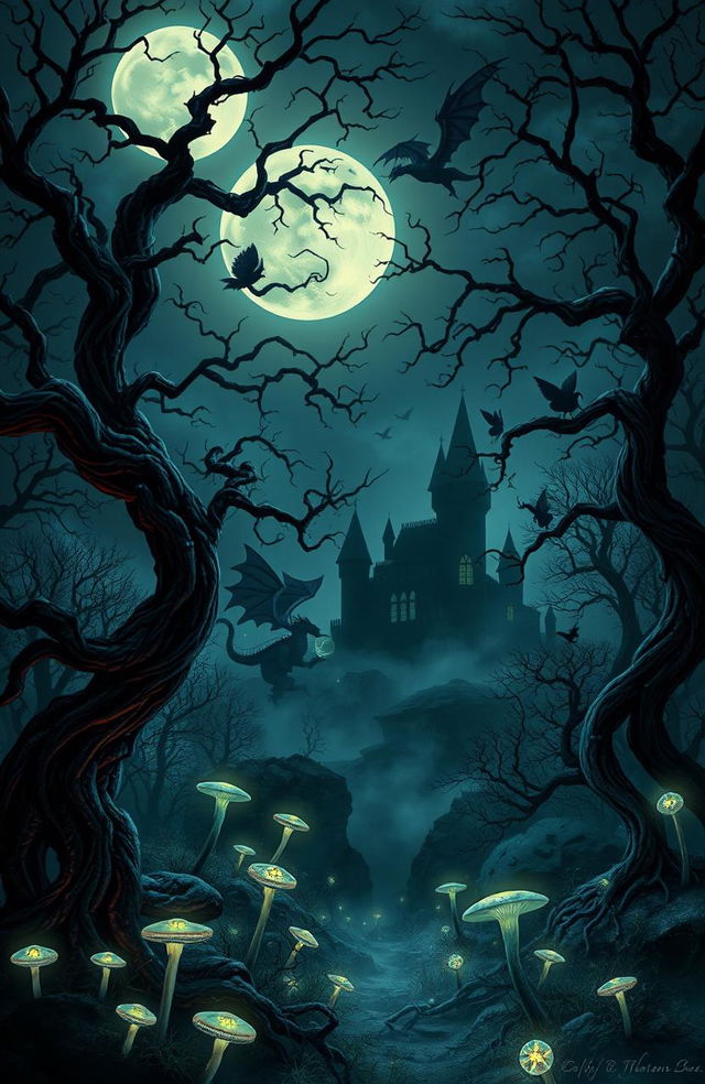 A dark fantasy scene depicting a mystical forest at night, illuminated by an eerie full moon