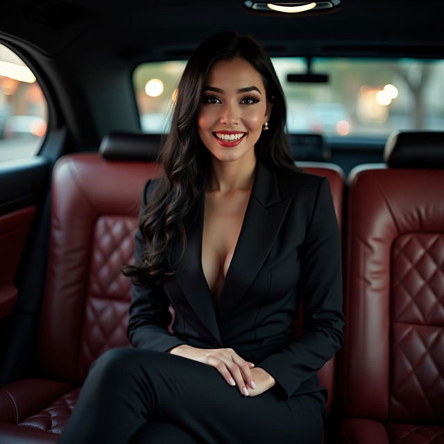 A stunning Asian secretary sitting elegantly in the back of a luxurious limousine, wearing a stylish business outfit that highlights her professionalism