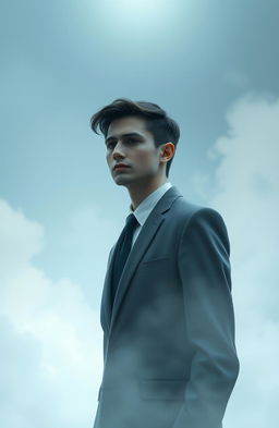 A solitary young man in a modern suit, embodying a gray soul, standing in an ethereal setting
