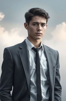 A solitary young man in a modern suit, embodying a gray soul, standing in an ethereal setting