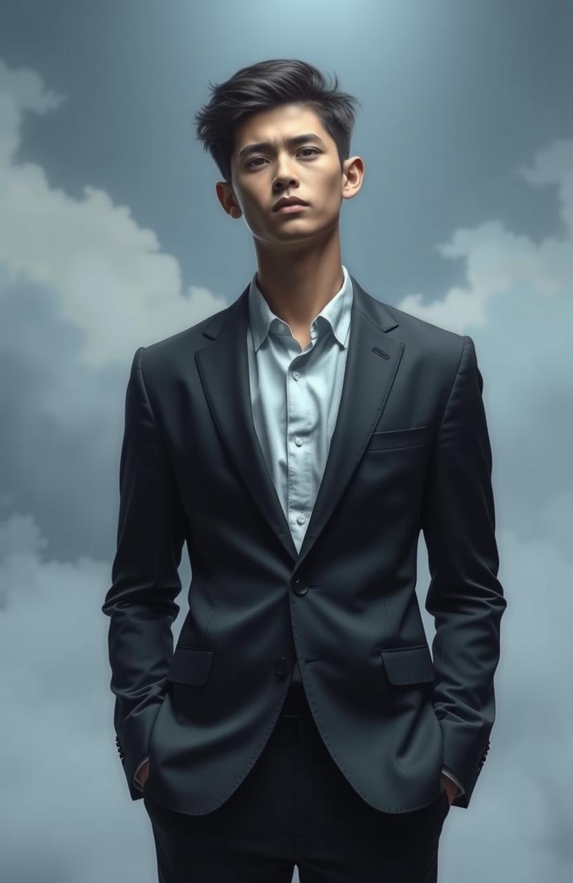 A solitary young man in a modern suit, embodying a gray soul, standing in an ethereal setting