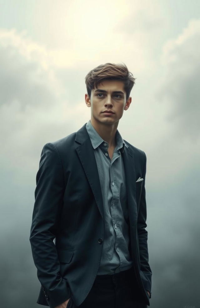 A solitary young man in a modern suit, embodying a gray soul, standing in an ethereal setting