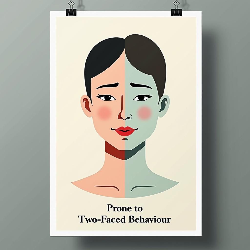 A beautiful, minimalist poster titled 'Prone to Two-Faced Behaviour'