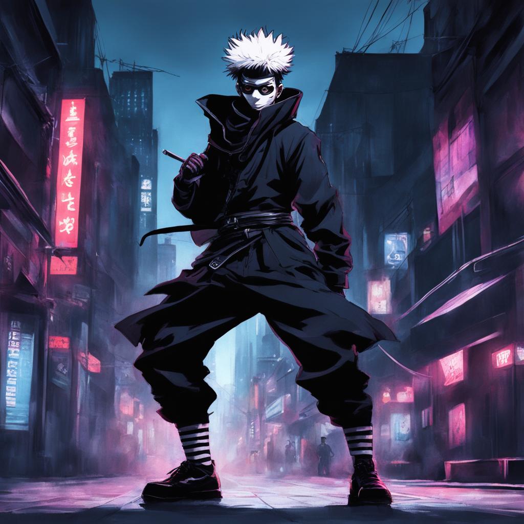 The image is a high-quality digital art piece, featuring a ghostpunk mime in the style of Jujutsu Kaisen