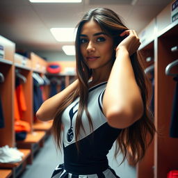 A sexy and beautiful 20 years old Latina Tottenham Hotspur cheerleader with a fit and athletic body, standing at 164 centimeters tall with long flowing hair