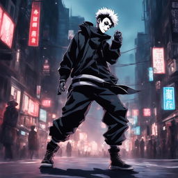 The image is a high-quality digital art piece, featuring a ghostpunk mime in the style of Jujutsu Kaisen