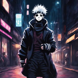 The image is a high-quality digital art piece, featuring a ghostpunk mime in the style of Jujutsu Kaisen