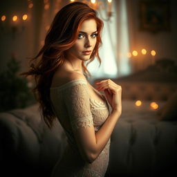 A breathtaking scene featuring a stunning redhead with flowing, vibrant hair, romantically posed in an intimate setting