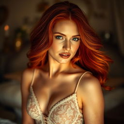 A breathtaking scene featuring a stunning redhead with flowing, vibrant hair, romantically posed in an intimate setting