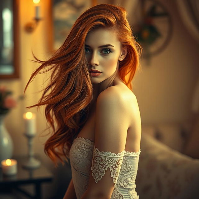 A breathtaking scene featuring a stunning redhead with flowing, vibrant hair, romantically posed in an intimate setting