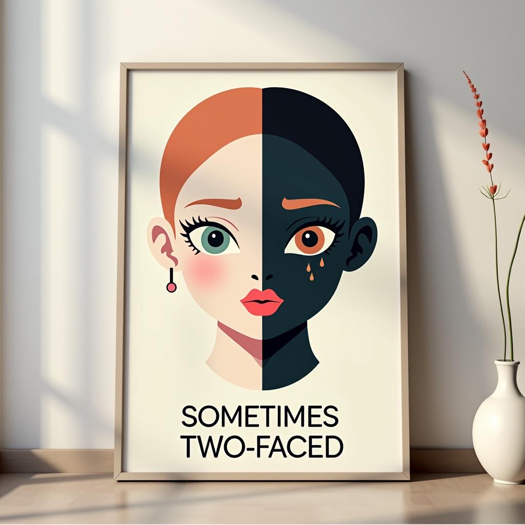 A beautiful, minimalist poster titled 'Sometimes Two-Faced'