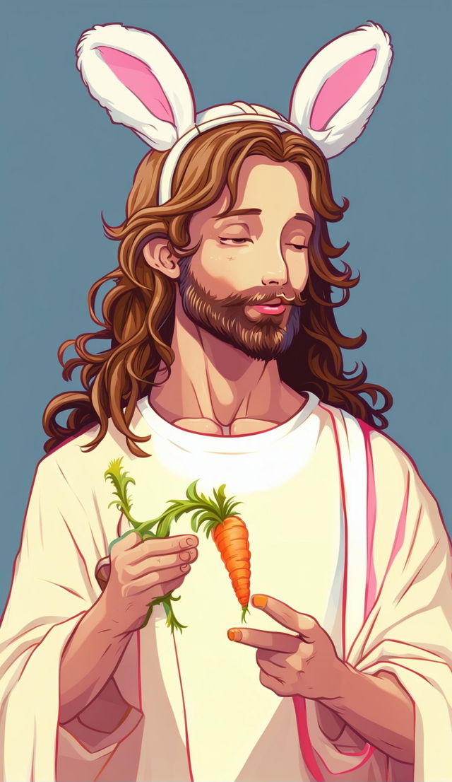 A high-quality digital art image shows Jesus with cute, floppy bunny ears eating a carrot