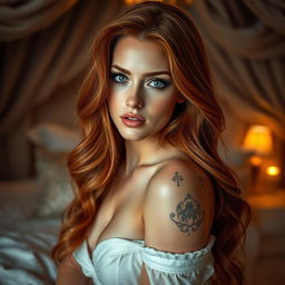 A mesmerizing scene featuring a stunning redhead with long, flowing hair styled in loose waves