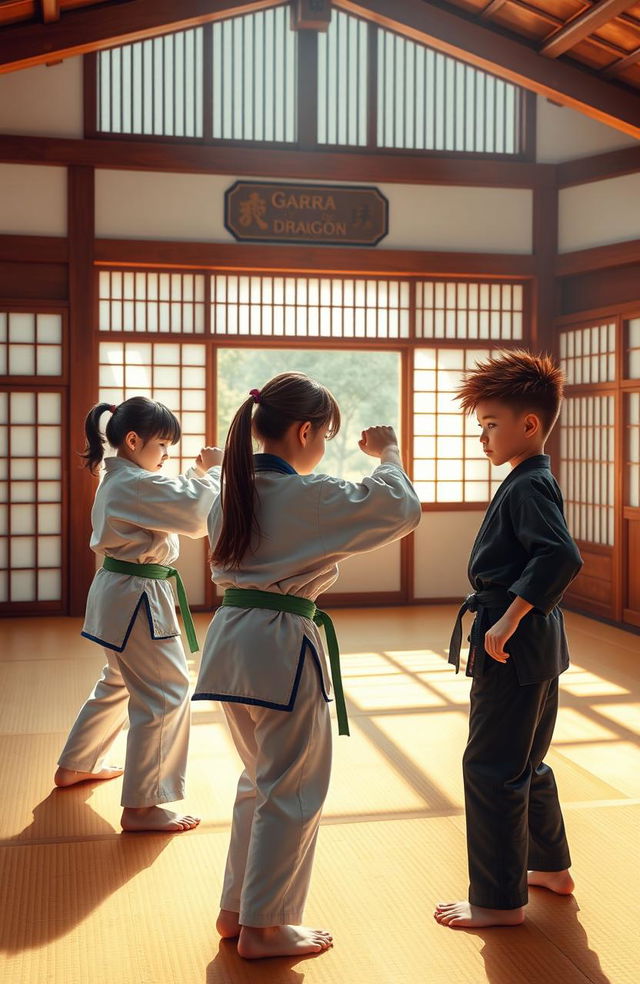 In a vibrant karate dojo named "Garra de dragón", three young martial artists train diligently