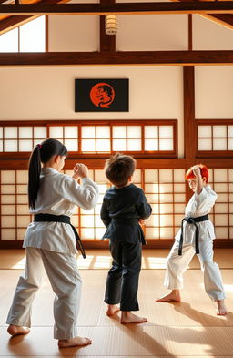 In a vibrant karate dojo named "Garra de dragón", three young martial artists train diligently