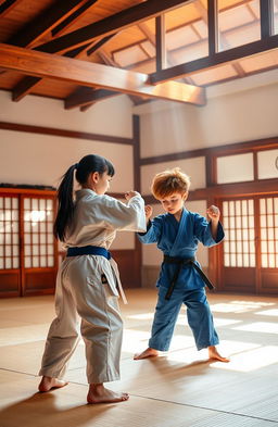 In a vibrant karate dojo named "Garra de dragón", three young martial artists train diligently