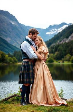 A romantic scene set in the 1700s, featuring a handsome man wearing a traditional Scottish kilt with an open shirt, embracing a beautiful blonde woman clad in elegant 1700s attire