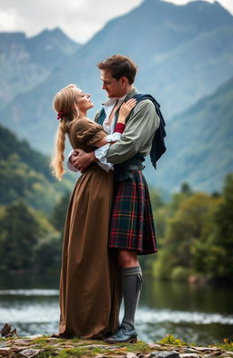 A romantic scene set in the 1700s, featuring a handsome man wearing a traditional Scottish kilt with an open shirt, embracing a beautiful blonde woman clad in elegant 1700s attire