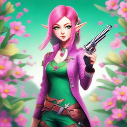 A high-quality digital art image of a young Spring Eladrin elf with vibrant pink hair and emerald green eyes