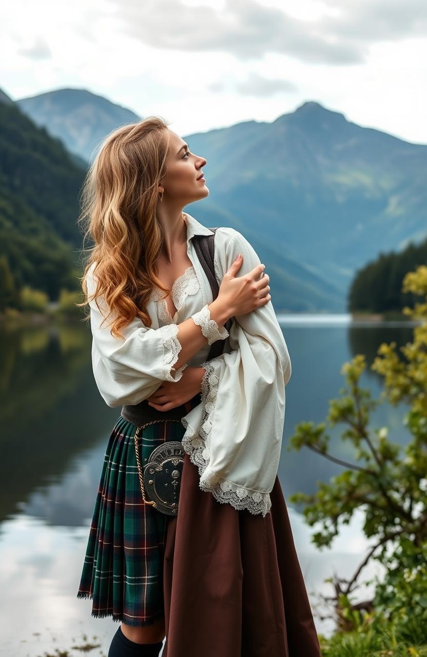 A romantic scene set in the 1700s, featuring a handsome man wearing a traditional Scottish kilt with an open shirt, embracing a beautiful blonde woman clad in elegant 1700s attire