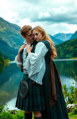 A romantic scene set in the 1700s, featuring a handsome man wearing a traditional Scottish kilt with an open shirt, embracing a beautiful blonde woman clad in elegant 1700s attire