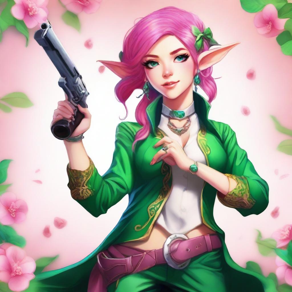 A high-quality digital art image of a young Spring Eladrin elf with vibrant pink hair and emerald green eyes