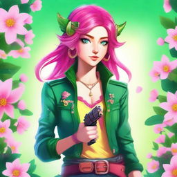 A high-quality digital art image of a young Spring Eladrin elf with vibrant pink hair and emerald green eyes