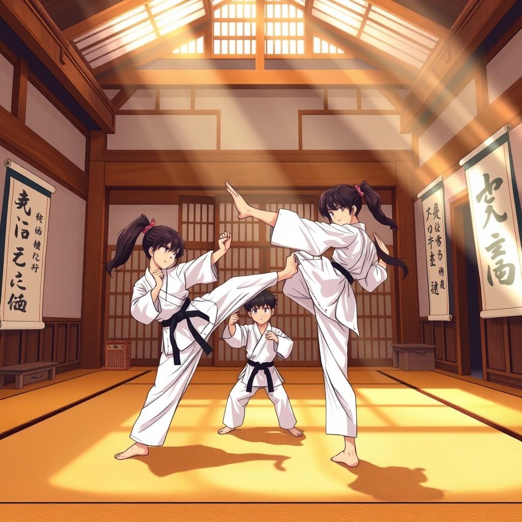 A vibrant dojo setting for a story titled 'Garra de Dragón', showcasing two girls and one boy practicing karate