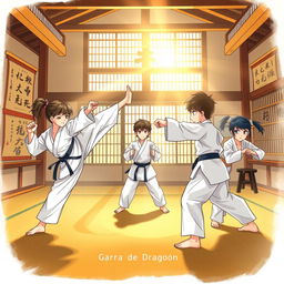 A vibrant dojo setting for a story titled 'Garra de Dragón', showcasing two girls and one boy practicing karate