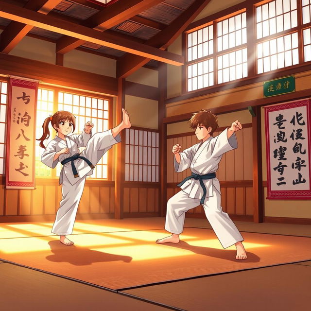 A vibrant dojo setting for a story titled 'Garra de Dragón', showcasing two girls and one boy practicing karate