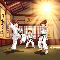 A vibrant dojo setting for a story titled 'Garra de Dragón', showcasing two girls and one boy practicing karate