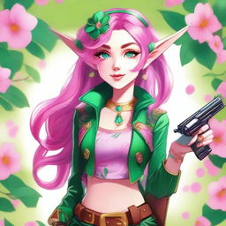 A high-quality digital art image of a young Spring Eladrin elf with vibrant pink hair and emerald green eyes