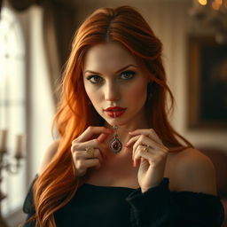 A striking image of a stunning redhead with long, flowing hair, holding a beautiful pendant delicately between her lips