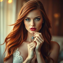 A striking image of a stunning redhead with long, flowing hair, holding a beautiful pendant delicately between her lips