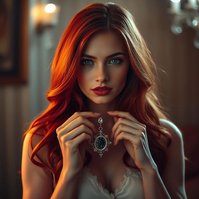 A striking image of a stunning redhead with long, flowing hair, holding a beautiful pendant delicately between her lips