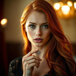 A striking image of a stunning redhead with long, flowing hair, holding a beautiful pendant delicately between her lips