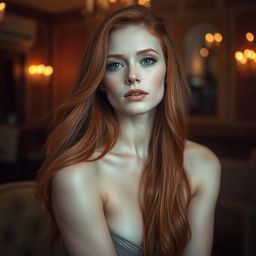 A striking depiction of a stunning redhead with long, flowing hair, set in a visually dynamic scene