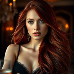 A striking depiction of a stunning redhead with long, flowing hair, set in a visually dynamic scene