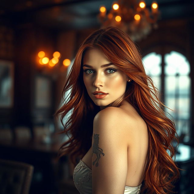 A striking depiction of a stunning redhead with long, flowing hair, set in a visually dynamic scene