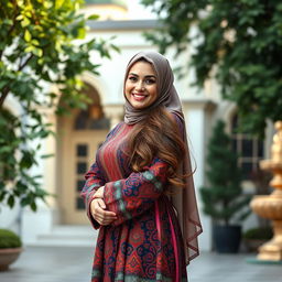 A beautiful, curvy Russian Muslim woman in traditional attire, featuring intricate patterns and vibrant colors