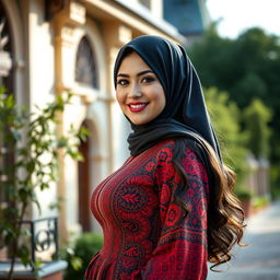A beautiful, curvy Russian Muslim woman in traditional attire, featuring intricate patterns and vibrant colors