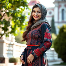 A beautiful, curvy Russian Muslim woman in traditional attire, featuring intricate patterns and vibrant colors