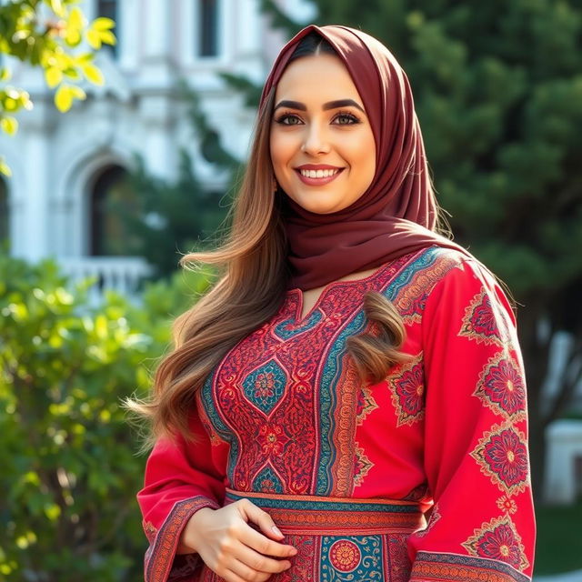 A beautiful, curvy Russian Muslim woman in traditional attire, featuring intricate patterns and vibrant colors