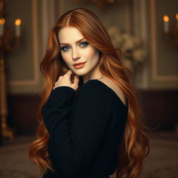 A breathtaking portrait of a stunning redhead with long, flowing hair, confidently showcasing her beauty