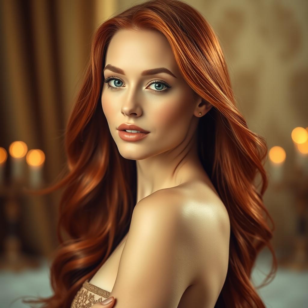 A breathtaking portrait of a stunning redhead with long, flowing hair, confidently showcasing her beauty