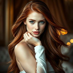 A breathtaking portrait of a stunning redhead with long, flowing hair, confidently showcasing her beauty