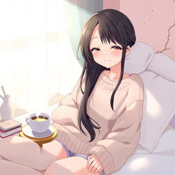 A charming Japanese girl waking up in the morning light, her long black hair slightly tousled and cascading over the pillow